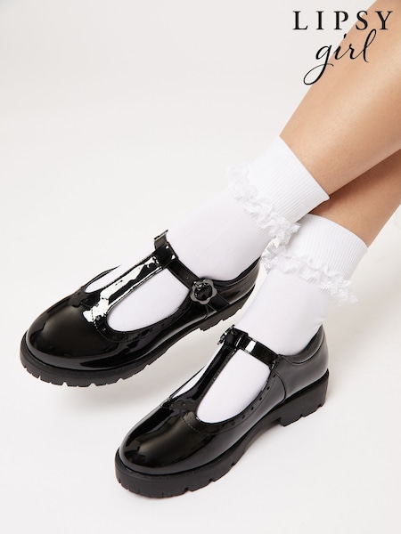 Lipsy Black Patent Flower Mary Jane Flat School Shoes (AN7316) | £29 - £33