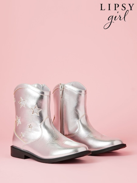 Lipsy Silver Star Flat Faux Leather Western Ankle Boots (AN7320) | £35 - £39