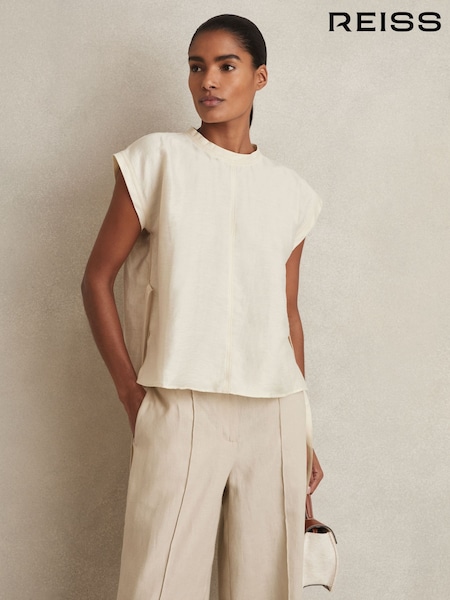 Reiss Cream Soleya Linen-Blend Cap-Sleeve T-Shirt (AN7391) | £68