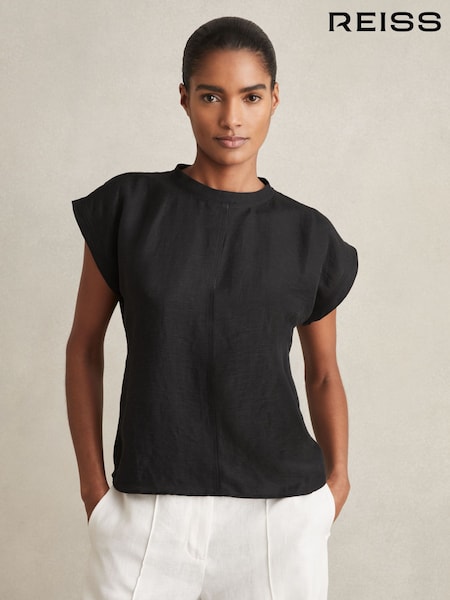 Reiss Black Soleya Linen-Blend Cap-Sleeve T-Shirt (AN7395) | £68
