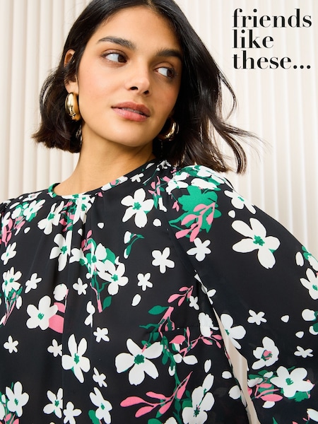 Friends Like These Floral Green 3/4 Sleeve Shirred Cuff Blouse (AN7412) | £32