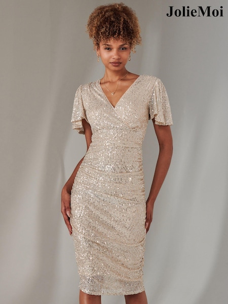 Jolie Moi Natural Flare Sleeve Ruched Sequin Dress (AN7438) | £79