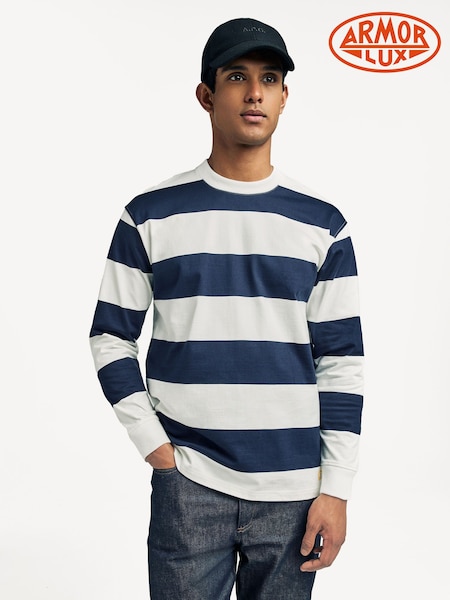 Armor Lux Blue Block Stripe Long Sleeve 100% Cotton T-Shirt (AN7613) | £120
