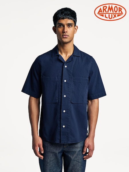 Armor Lux Blue Twin Pocket Camp Collar Short Sleeve Shirt (AN7617) | £110