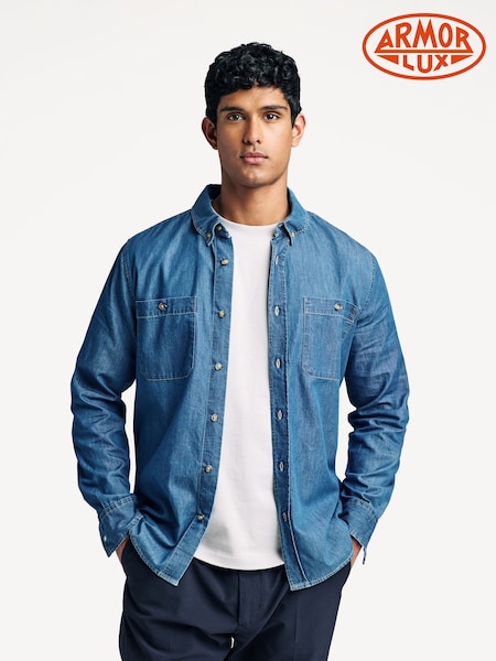 Armor Lux Blue Anchor Logo Long Sleeve Denim 100% Cotton Shirt (AN7622) | £100