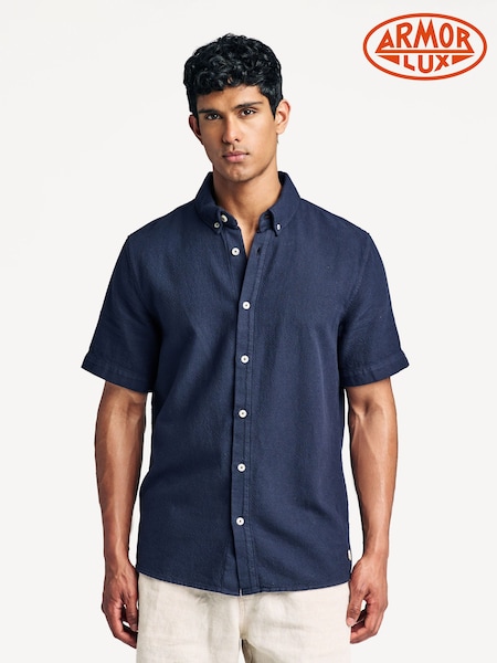 Armor Lux Blue Heritahe Short Sleeve Button Down Collar Shirt (AN7624) | £90