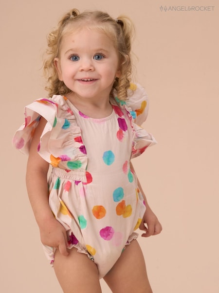 Angel & Rocket White Francessca Multi Rainbow Spot 100% Cotton Romper (AN7645) | £24