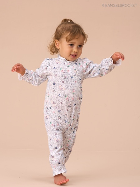 Angel & Rocket Blue Fleur Water Colour Print Frill Babygrow and Headband Set (AN7667) | £24
