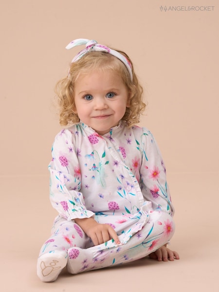 Angel & Rocket White Fleur Water Colour Print Frill Babygrow and Headband Set (AN7727) | £24