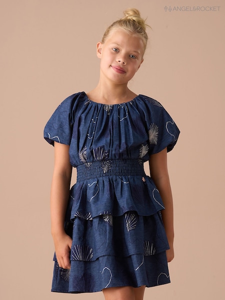 Angel & Rocket Eva Blue Foil Print Denim Tiered Bubble Hem Sleeve Dress (AN7755) | £34 - £38