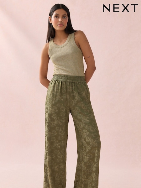 Khaki Green Satin Jacquard Wide Leg Trousers (AN7772) | £40