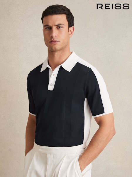 Reiss Navy/White Pentel Colour-Block Knit Polo Shirt (AN7830) | £110
