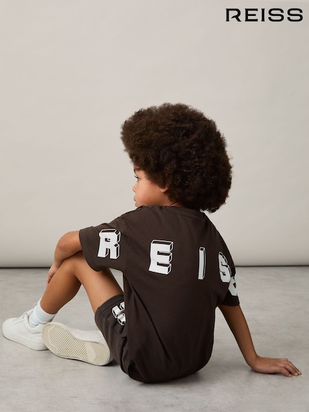 Reiss Chocolate Brown / Off White Manny 9-13 yrs Cotton Block-Logo Oversized T-Shirt (AN7834) | £22