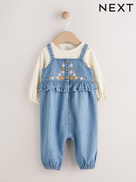 Blue Embroidered Denim Baby Long Sleeve Bodysuit & Dungaree Set (0mths-2yrs) (AN7897) | £20 - £22