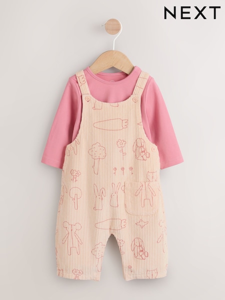 Cream / Pink Character Dungaree and Bodysuit Two Piece Baby Set (0mths-3yrs) (AN7913) | £22 - £24