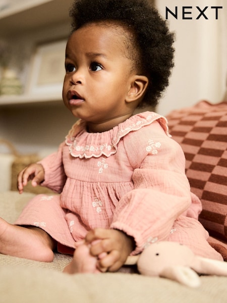 Pink Baby Embroidered Woven Long Sleeve Dress (0-18mths) (AN7924) | £16 - £18