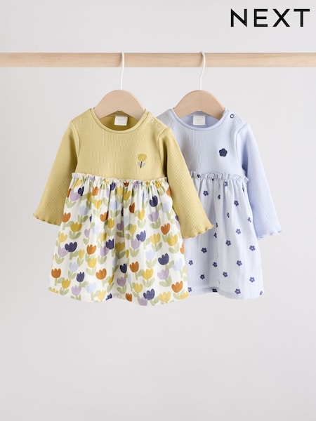 Blue/Green Flower Baby Jersey Dresses 2 Pack (0mths-2yrs) (AN7934) | £18 - £20