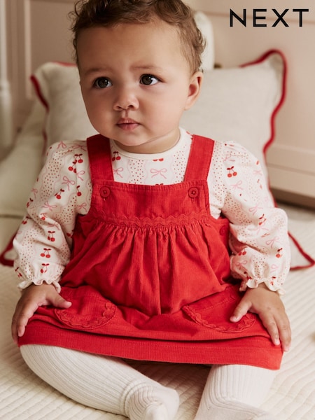 Red Bow Baby Cord Pinafore Long Sleeve Bodysuit & Tights Set (0mths-2yrs) (AN7938) | £23 - £25