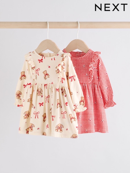 Cream Bear/ Red Cherry Gingham Baby Jersey Dresses 2 Pack (0mths-2yrs) (AN7939) | £15 - £17