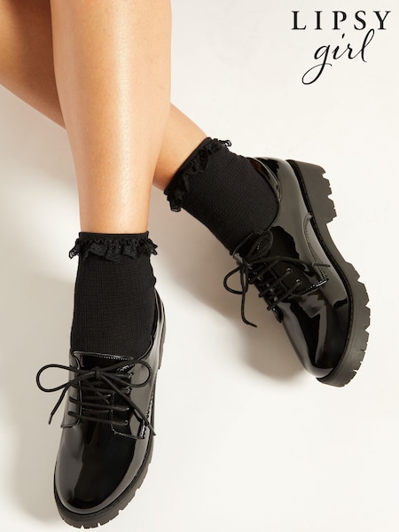 Lipsy Black Clean Lace Up Chunky Brogue School Shoes (AN8084) | £29 - £33