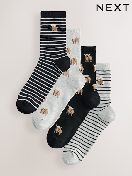 Monochrome Hamish The Highland Cow Stripe Ankle Socks 4 Pack (AN8122) | £12