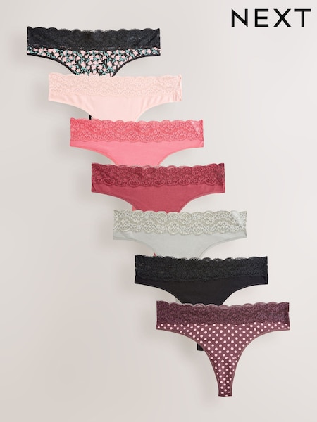Printed Spot Thong Cotton and Lace Knickers 7 Pack (AN8179) | £24