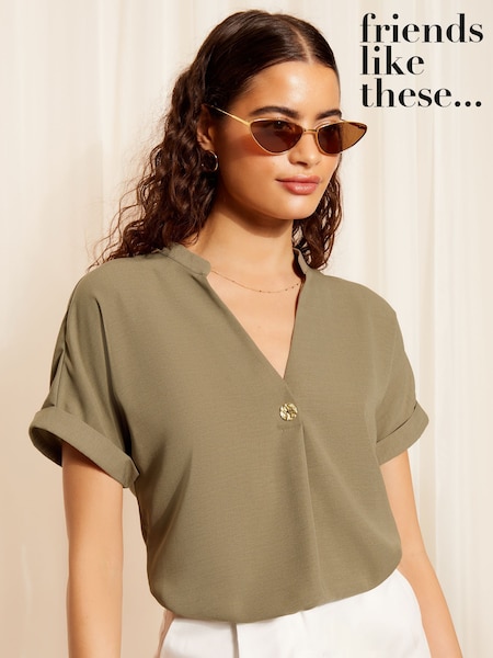 Friends Like These Green V-Neck Roll Sleeve Button Blouse (AN8293) | £27