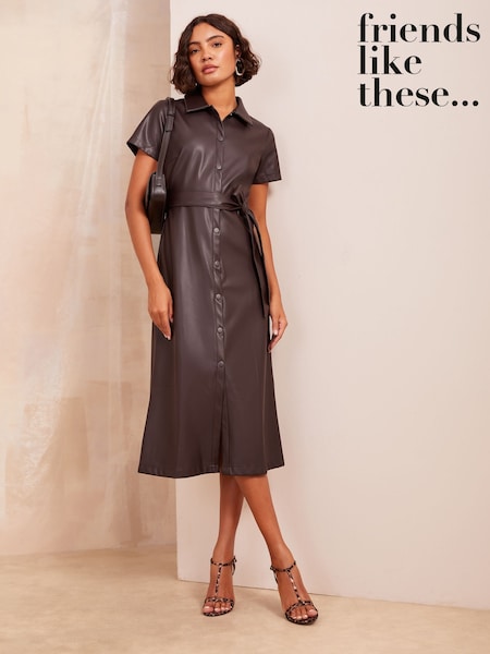 Friends Like These Chocolate Brown Faux Leather Midi Shirt Dress (AN8355) | £58