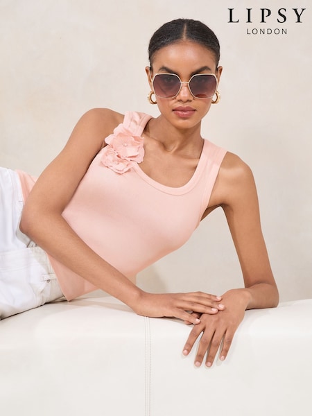 Lipsy Pink Flower Print Trim Detail Rib Vest Top (AN8369) | £30