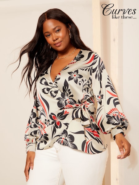 Curves Like These Cream Long Sleeve Satin Wrap Blouse (AN8388) | £38