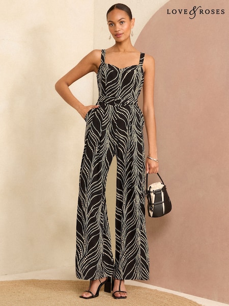 Love & Roses Black Wide Leg Cami Belted Jumpsuit (AN8510) | £68