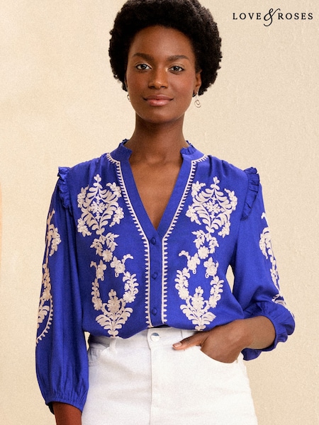 Love & Roses Cobalt Blue Pie Crust Detail 3/4 Sleeve Blouse (AN8530) | £39