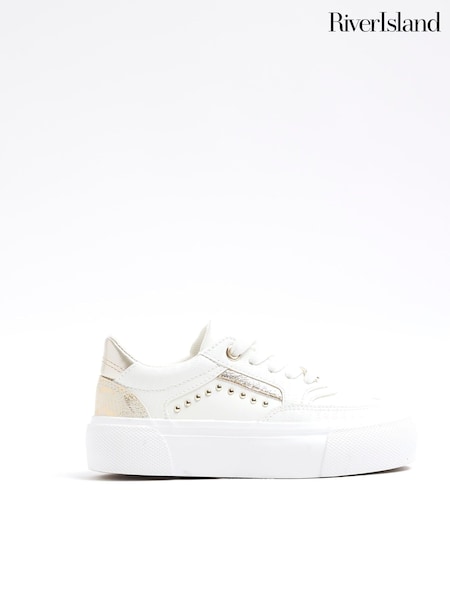 River Island White Girls Snake Print Studded Trainers (AN8626) | £20