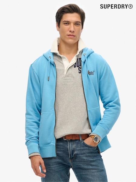 Superdry Blue Essential Logo Washed 100% Cotton Zip Hoodie (AN8663) | £60