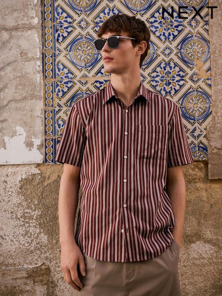 Burgundy Red Regular Fit Stripe Short Sleeve Lyocel Cotton Blend Smart Shirt (AN8942) | £35