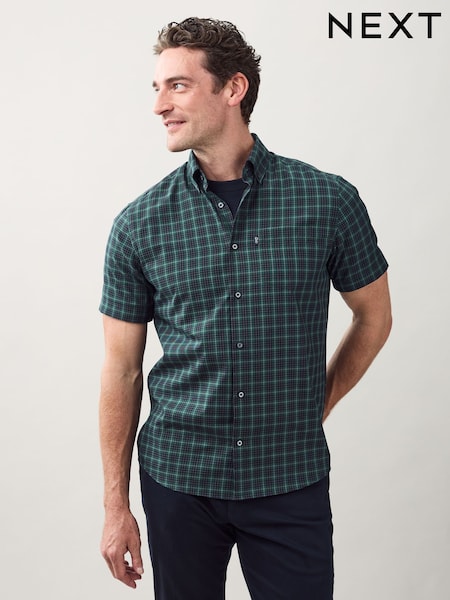 Black/Green Mini Check Easy Iron Button Down Short Sleeve Oxford Shirt (AN8947) | £24