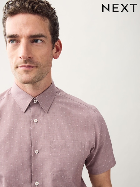 Dusky Pink Regular Fit Short Sleeve Embroided Print Smart Shirt (AN8950) | £24