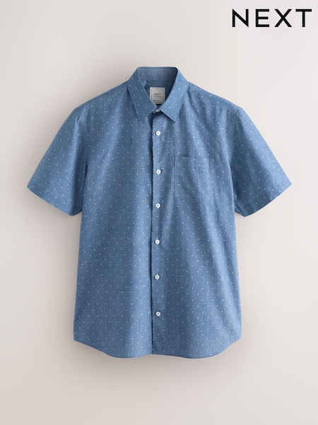 Dusky Blue Regular Fit Short Sleeve Embroided Print Smart Shirt (AN8952) | £24