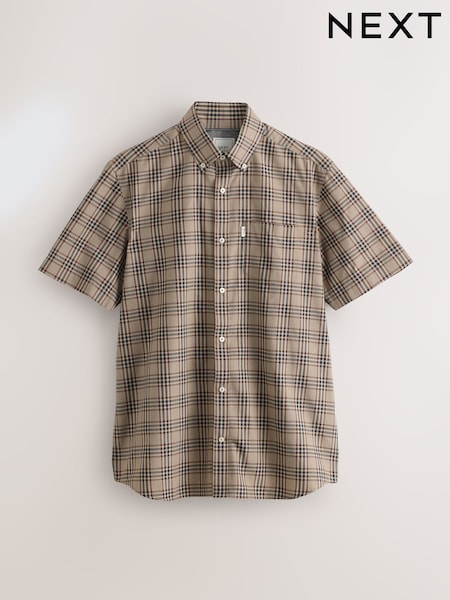 Neutral Brown Windowpane Check Easy Iron Button Down Short Sleeve Oxford Shirt (AN8955) | £24