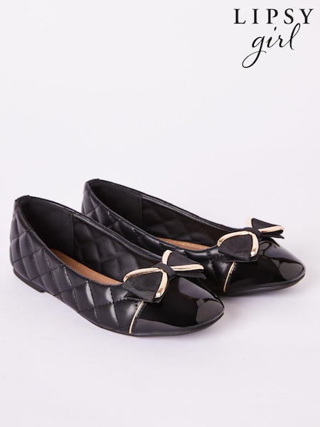 Lipsy Black Faux Leather Flat Slip On Quilted Bow Ballerina School Shoes (AN9029) | £18 - £22