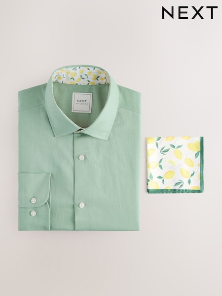 Green Marl Slim Fit Summer Cotton Blend Smart Shirt And Pocket Square Pack (AN9041) | £38