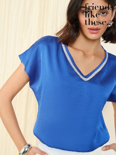 Friends Like These Blue V-Neck Diamante Trim Short Sleeve Blouse (AN9163) | £32