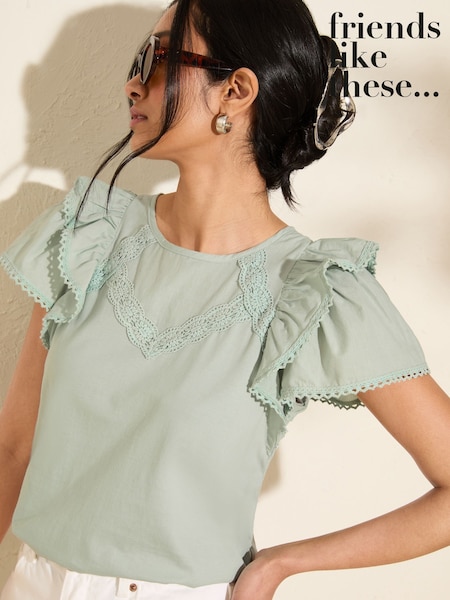 Friends Like These Sage Green Short Sleeve Jersey Woven 100% Cotton Top (AN9170) | £26