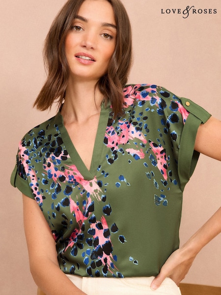 Love & Roses Green Animal Print V-Neck Satin Front T-Shirt (AN9363) | £29