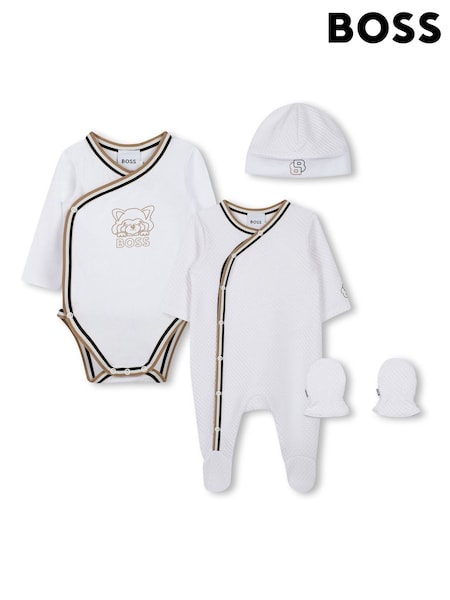 BOSS White Baby Logo Sleepsuit Giftset Set With Hat, Mitts & Bib (AN9642) | £159