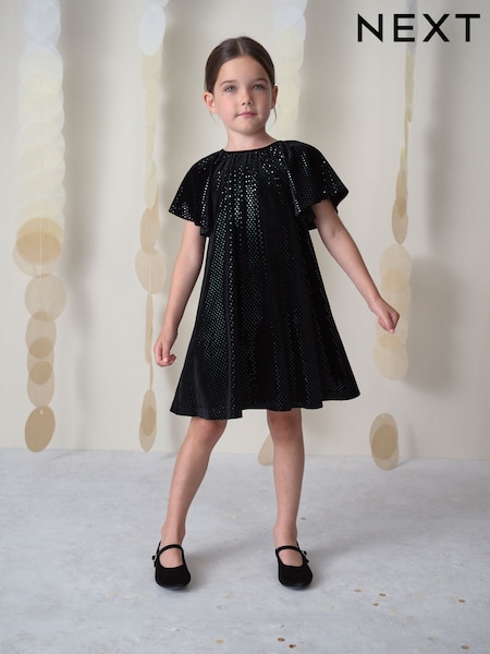 Black Foil Spot Velour Dress (3-16yrs) (AN9650) | £16 - £22
