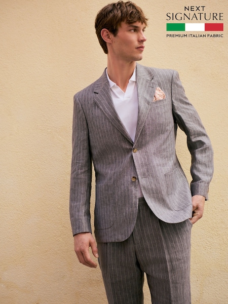Grey Slim Fit Signature Leomaster Italian Striped Linen Fabric Suit Jacket (AN9979) | £189