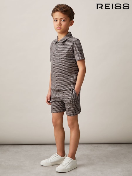 Reiss Tobacco Brown/Navy Baines 9-13 yrs Geometric Jacquard Polo Shirt (AP0257) | £36