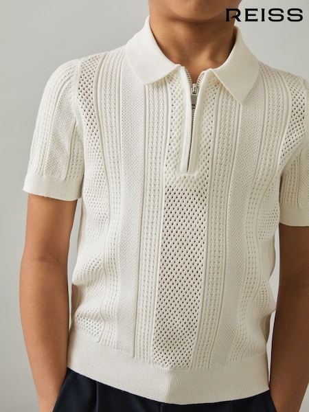 Reiss Optic White Texas 3-9 yrs Textured-Knit Half-Zip Polo Shirt (AP0259) | £38