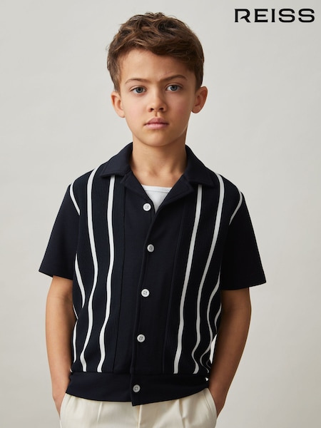 Reiss Navy/White Chaplin 9-13 yrs Stripe Cuban Collar Shirt (AP0305) | £36